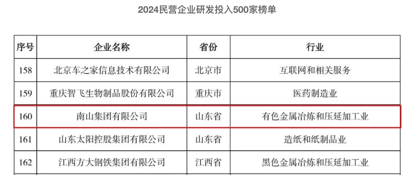 南山集团荣登2024民营企业“发明专利”与“研发投入”双榜单