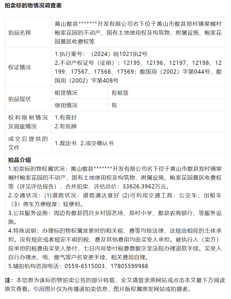 起拍价2亿！安徽一景区收费权、不动产等拟拍卖