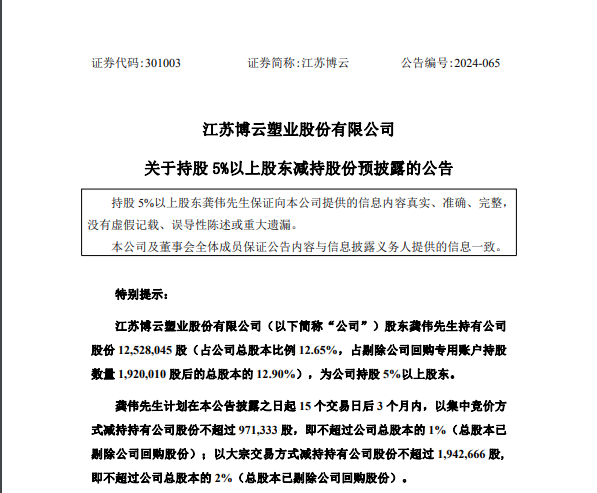 江苏博云：股东龚伟计划减持不超过3%公司股份