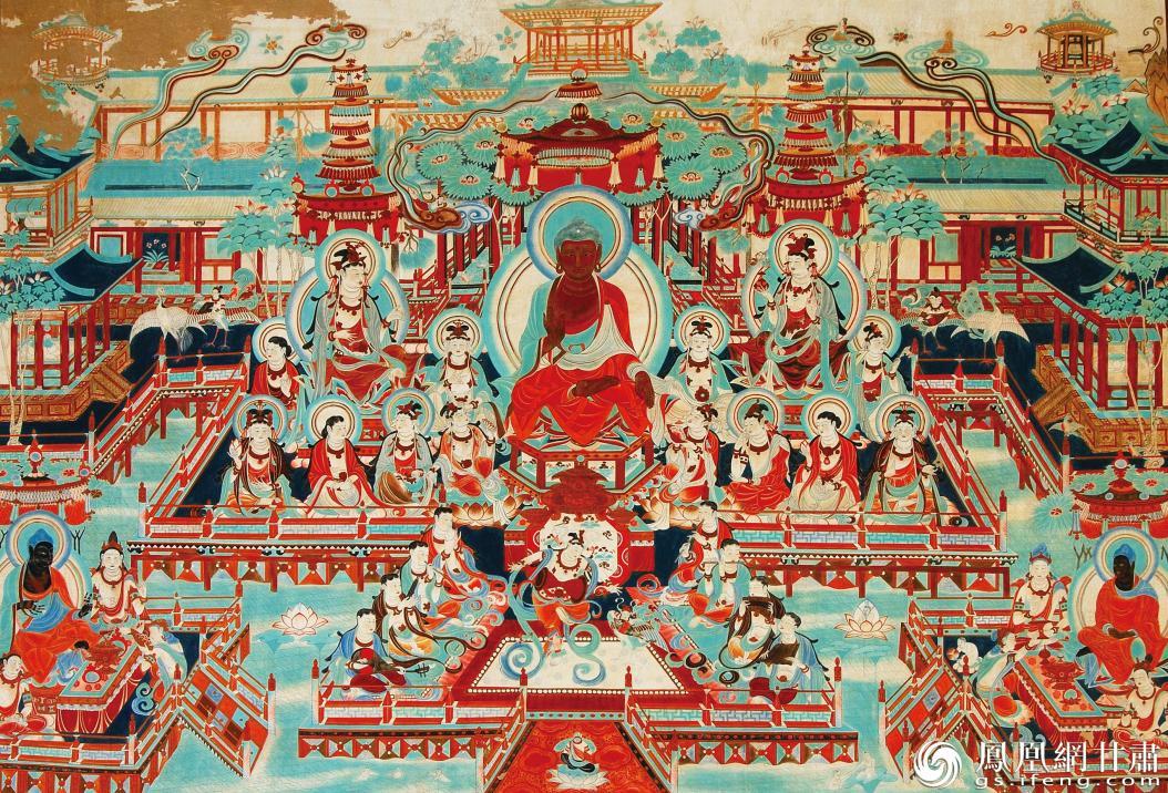 榆林窟第25窟南壁《观无量寿经变》画描绘了西方极乐世界的场景 瓜州县委宣传部供图