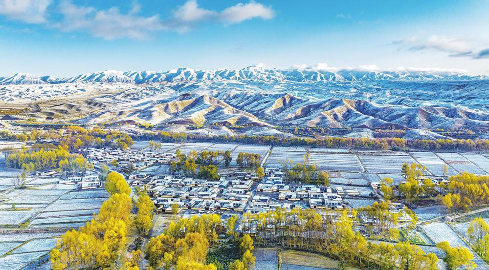 10月20日，受冷空气侵袭，天祝县祁连山区出现降雪天气。雪后初晴，巍峨的祁连山脉覆盖着皑皑积雪，山下草木一片金黄，放眼望去美不胜收。新甘肃&middot;甘肃经济日报通讯员　赵世鹏　摄