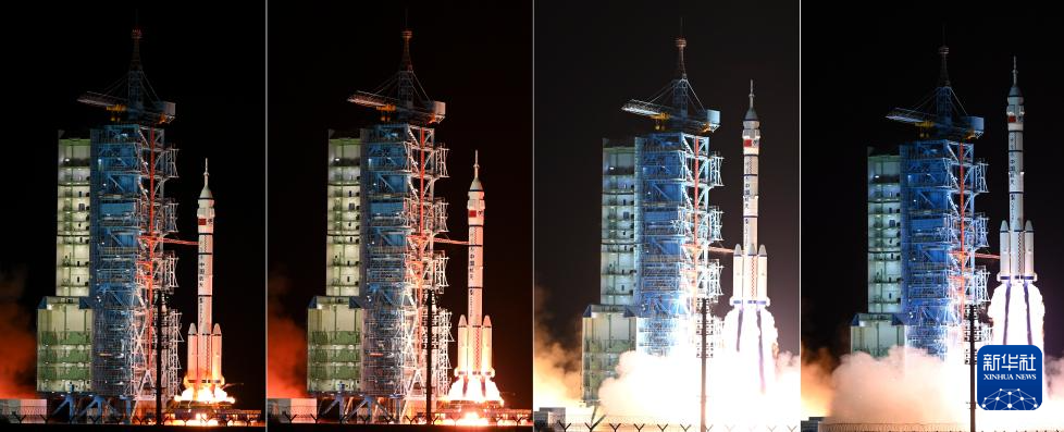 10月30日，搭载神舟十九号载人飞船的长征二号F遥十九运载火箭在酒泉卫星发射中心点火发射。神舟十九号载人飞船与火箭成功分离，进入预定轨道，航天员乘组状态良好，发射取得圆满成功（拼版照片）。新华社发（汪江波　摄）