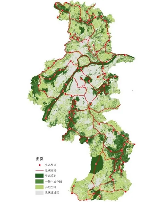 南京生态源地-廊道分布图 图片来源：《基于生态安全格局视角的生态空间管控体系——以南京市为例》
