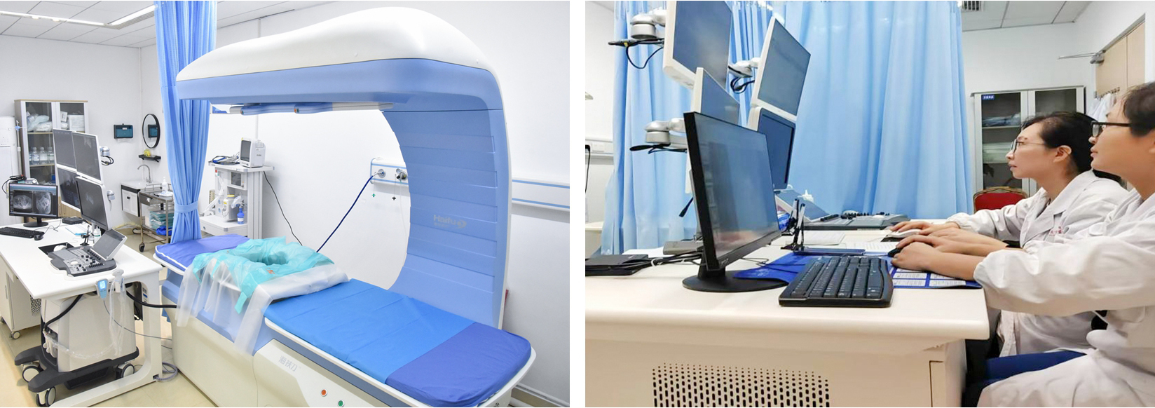 图左为常德一医海扶刀聚焦超声系统；图右为常德一医妇科医生实施海扶聚焦超声消融治疗