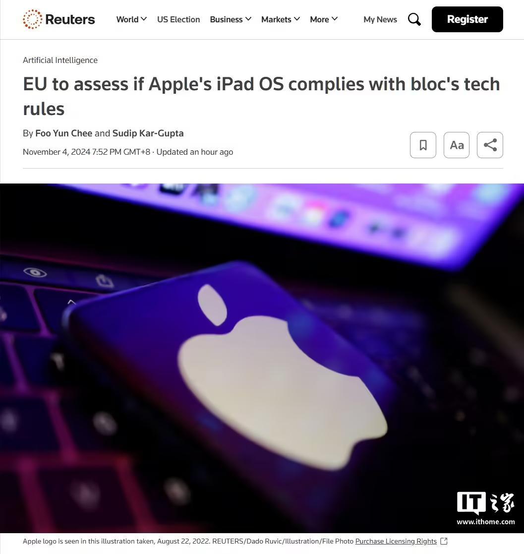 欧盟将审查苹果iPadOS，评估其是否稳当《数字市集法案》功令