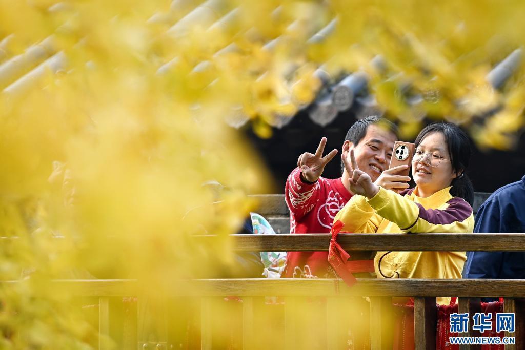 11月6日，游客在西安市长安区古观音禅寺内打卡拍照。