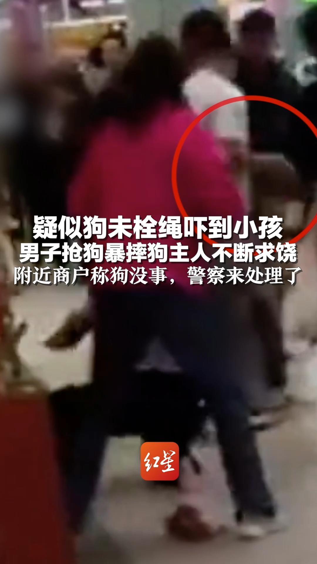 疑似狗未栓绳吓到小孩，男子抢狗暴摔，狗主人不断求饶 附近商户称狗没事，警察来处理了