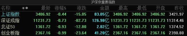 A股指数集体低开：创业板指跌近1%，白酒、数字货币等板块跌幅居前