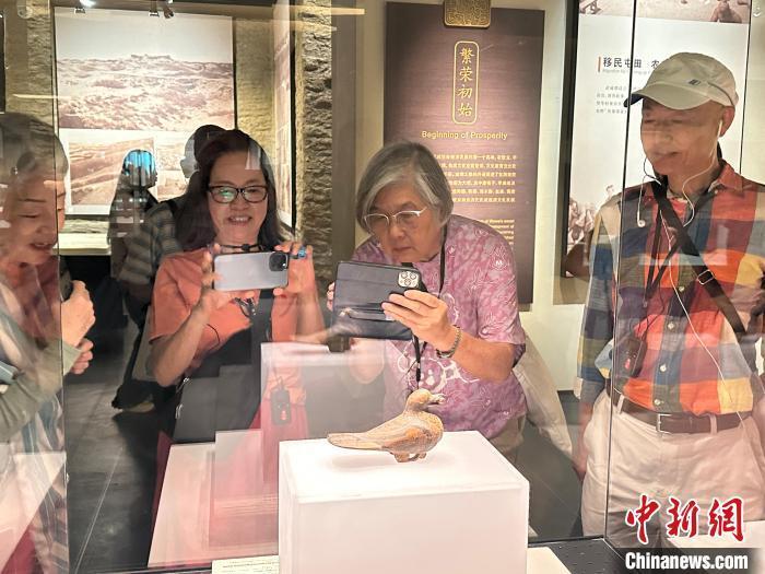 图为游客在参观彩绘漆木鸠　　戴文昌　摄