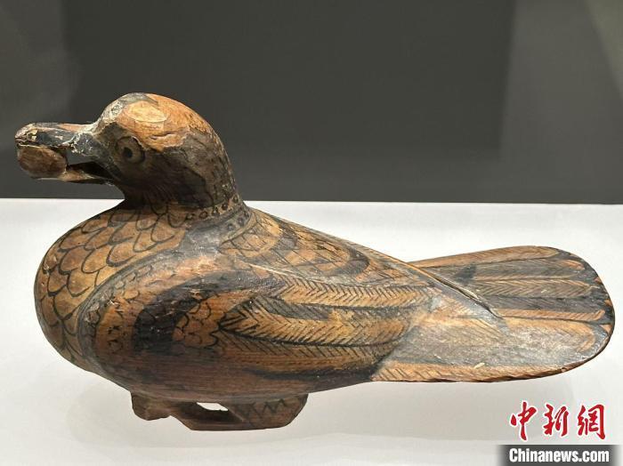 图为正在展陈的彩绘漆木鸠　　戴文昌　摄