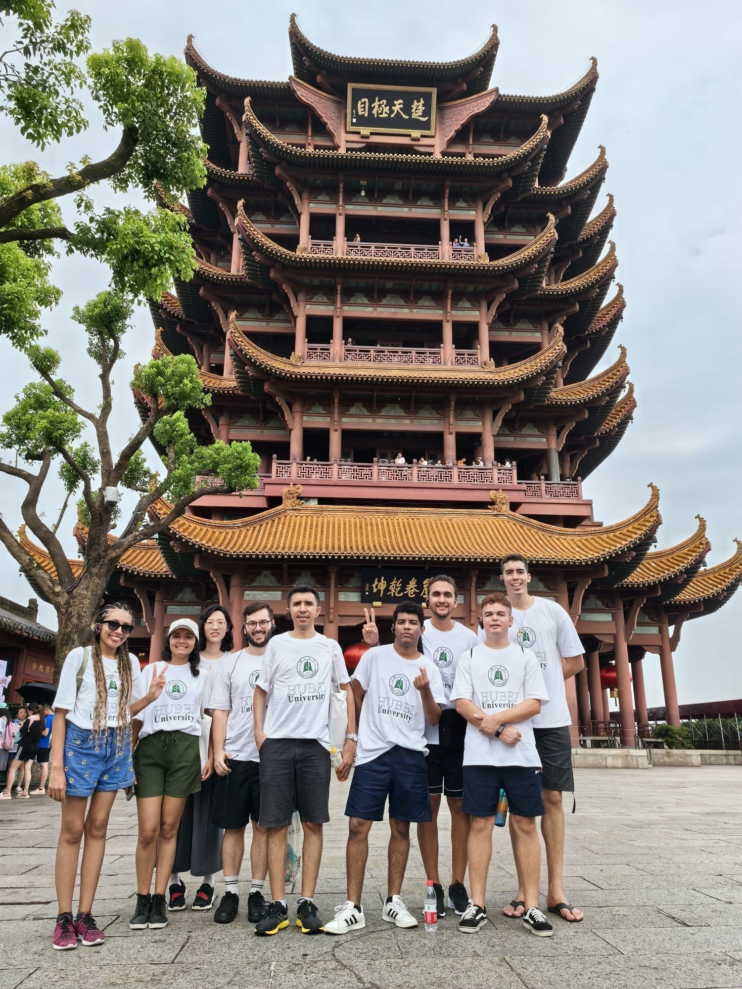 巴西留学生埃罗斯和同学们在黄鹤楼合影留念