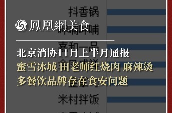 北京消协11月上半月通报，蜜雪冰城、田老师红烧肉等多餐饮品牌存在食安问题