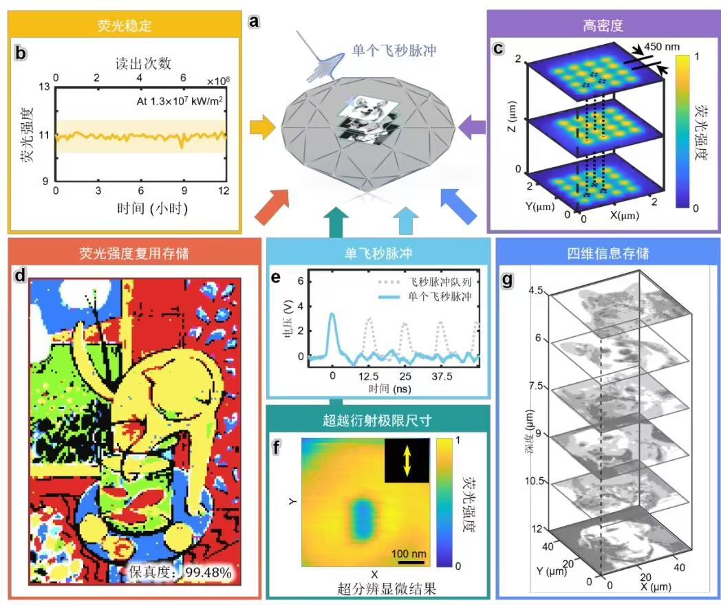 图 1：（a）金刚石信息存储概念图;（b）多次读出后荧光信号的稳定性表征;（c）高密度堆叠下信息存储单元扫描成像结果;（d）通过荧光强度复用实现的色彩图案存储;（e）实验使用的单个飞秒脉冲表征;（f）通过超分辨显微镜观察单个荧光存储单元尺寸，存储单元荧光信号为负信号；（g）四维信息存储数据展示。