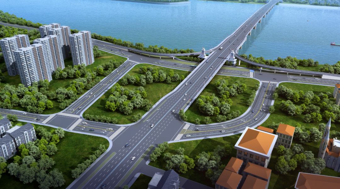 大桥东岸效果鸟瞰图