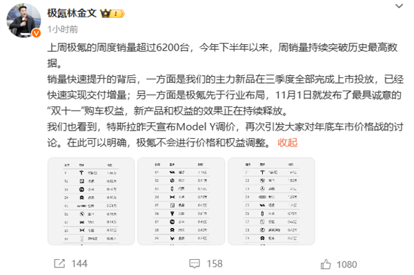 极氪高管谈特斯拉降价：极氪不会进行价钱和权力窜改