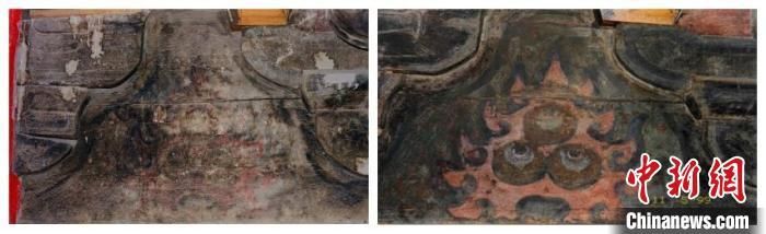 图为1999年拍摄的长乐门内檐彩画颜料层显色加固前后对比。(陕西师范大学历史文化遗产保护教育部工程研究中心供图)