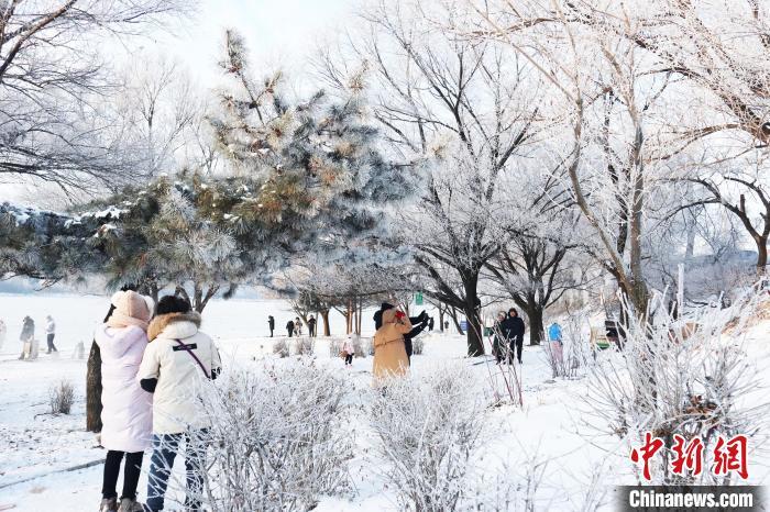 12月1日，吉林省吉林市，游人在“小雾凇岛”上观赏雾凇景观。中新社记者 苍雁 摄