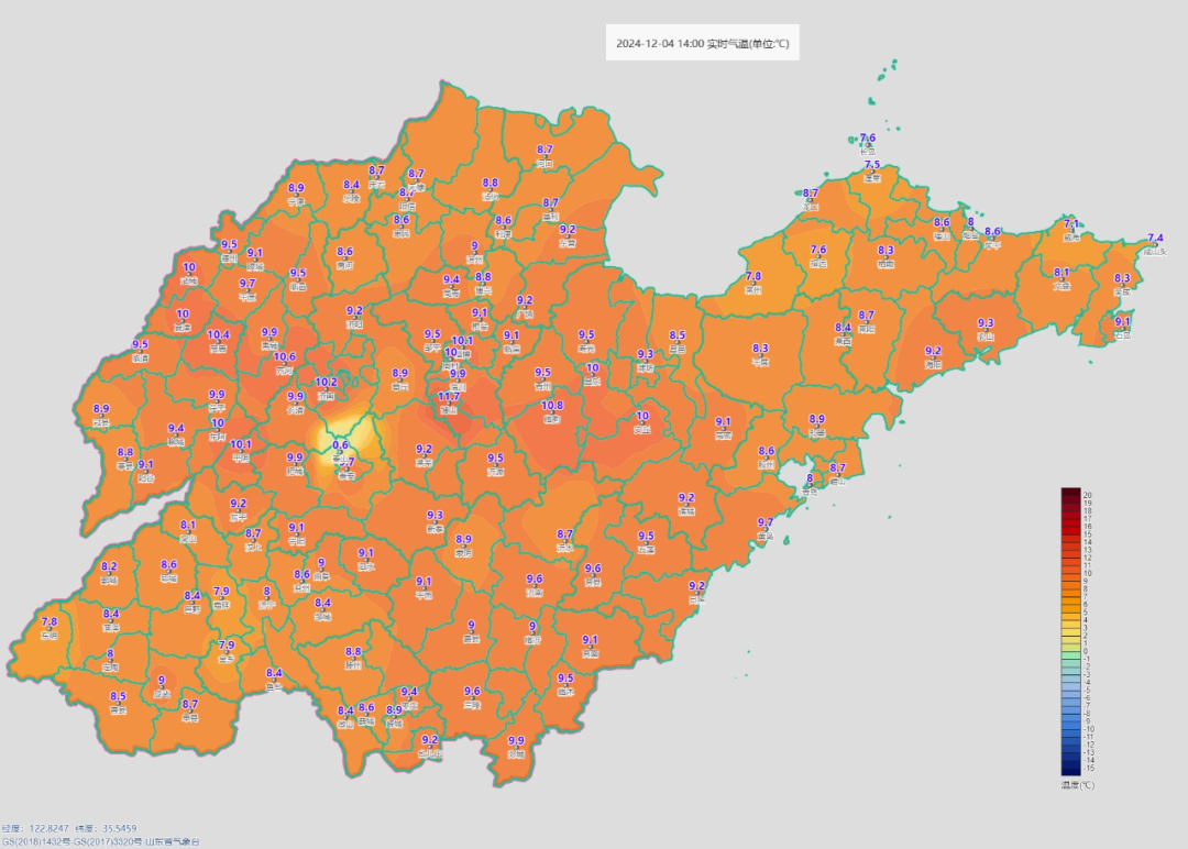 2024年12月4日全省实时气温（单位℃）