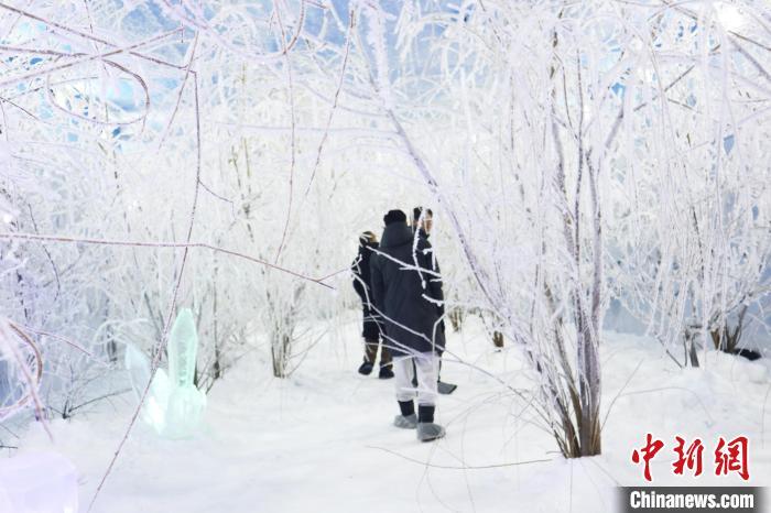 3月15日，吉林省吉林市，游人在北山四季越野滑雪场内的室内雾凇实验室里欣赏雾凇。　中新社记者 苍雁 摄