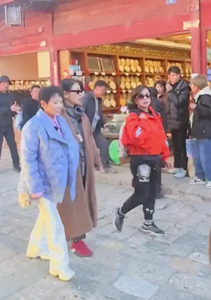 刘晓庆与倪萍、蔡明同游丽江古城，蔡明走起路来看着有点吃力。