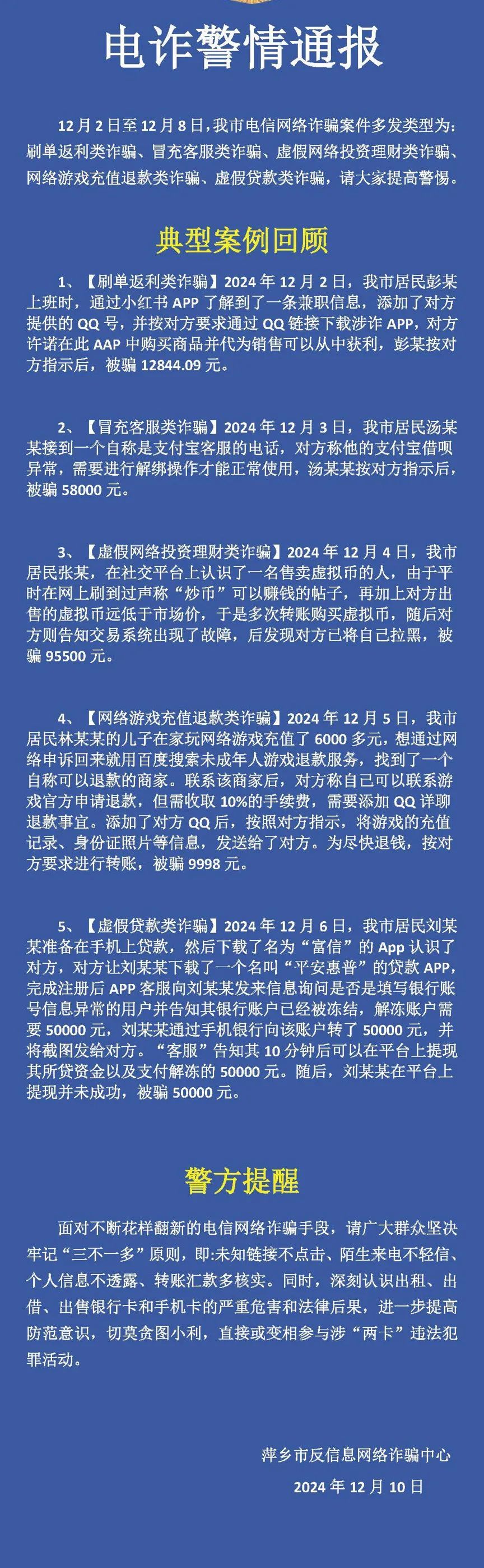 刷单返利、冒充客服、虚假贷款……萍乡发布电诈警情通报_凤凰网