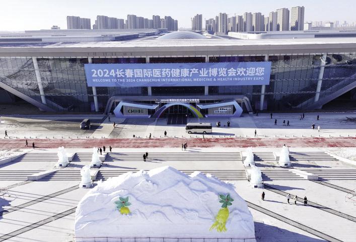 2024长春国际医药健康产业博览会展馆前人参造型的雪雕别具特色。