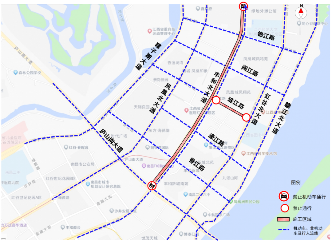 珠江路（丰和北大道-红谷北大道）施工期间绕行示意图