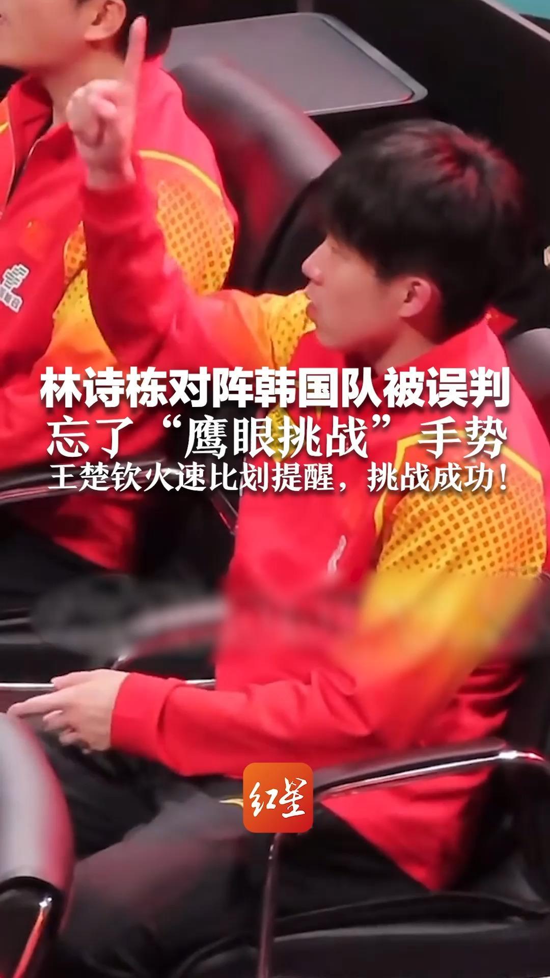 林诗栋对阵韩国队被误判 忘了“鹰眼挑战”手势 王楚钦火速比划提醒，挑战成功