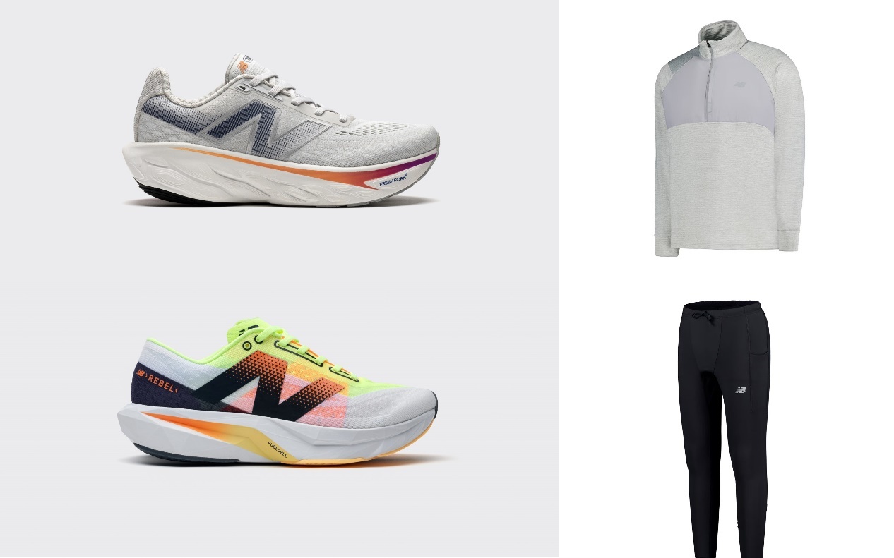 全新Fresh Foam X 1080 v14旗舰缓震慢跑鞋（左上）、FuelCell Rebel v4跑鞋（左下）及Running Apparel Collection全新跑步服饰系列