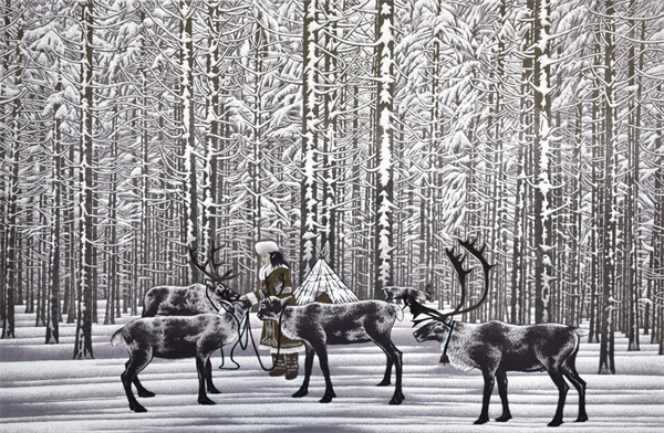 张士勤 《山岭上的人》 2016 版画