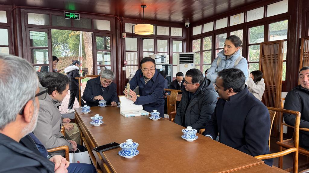 12月13日，协调员们在西泠印社品味中国篆刻艺术的魅力。新华社记者 段菁菁 摄