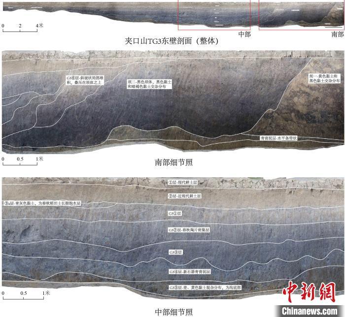 湖北当阳九里岗遗址新确认水利系统东壁剖面图。(湖北省文物考古研究院供图)