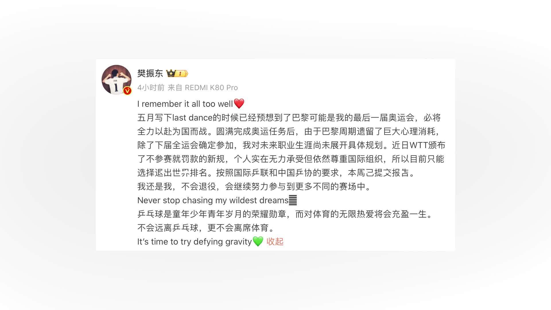 樊振东、陈梦退出世界排名，WTT首席执行官曾称广泛接受批评建议：大家的目的是一致的