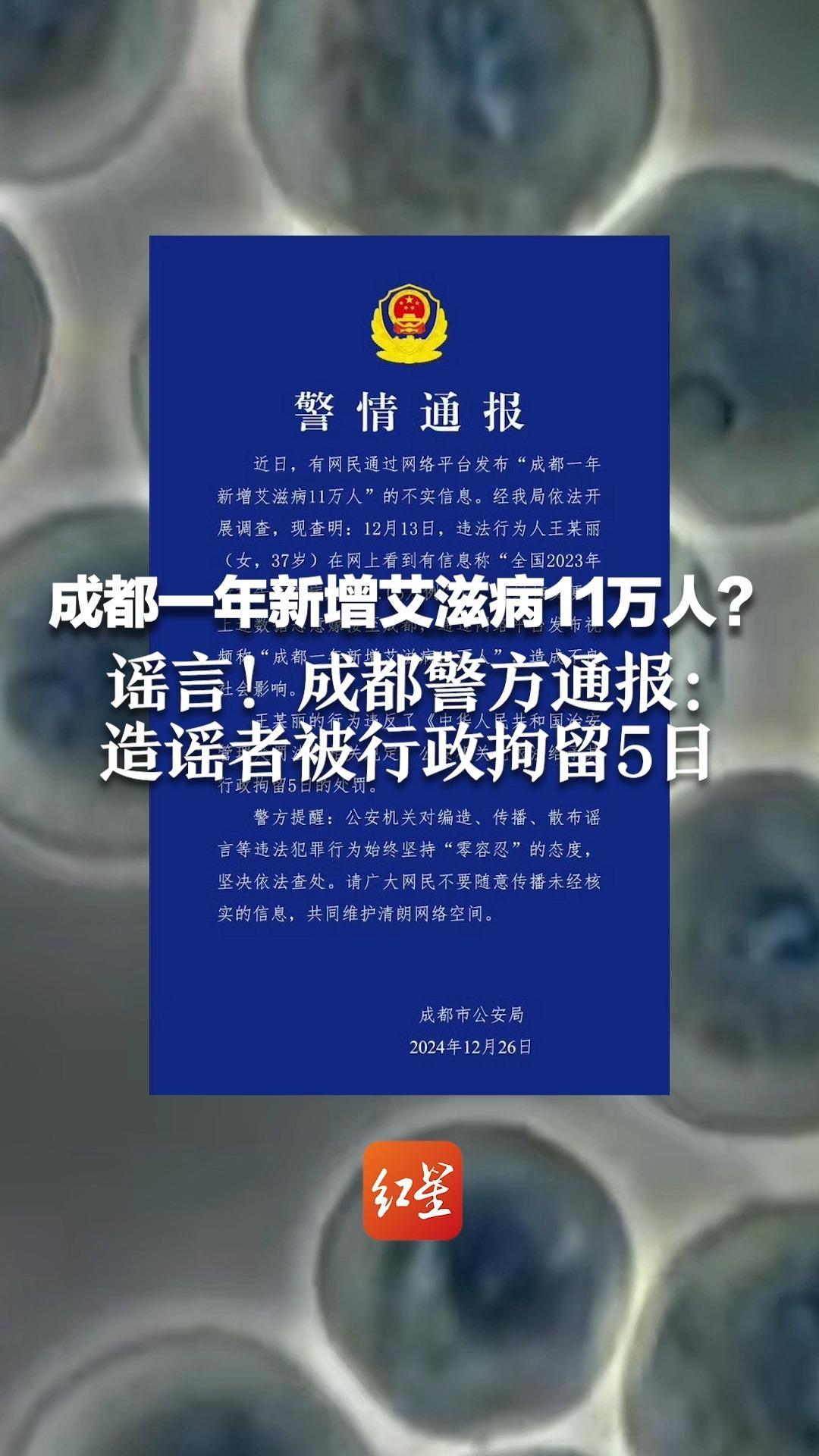 红星辟谣｜成都一年新增艾滋病11万人？ 谣言！成都警方通报：造谣者被行政拘留5日