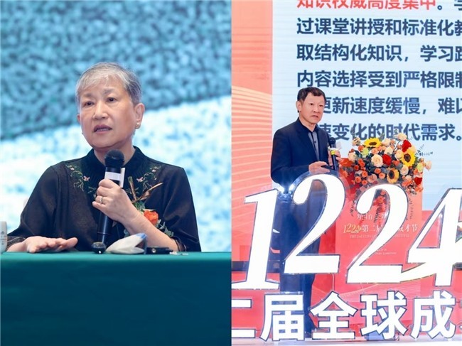 洪兰教授（左一）讲课现场和许国彬教授（右一）讲课现场