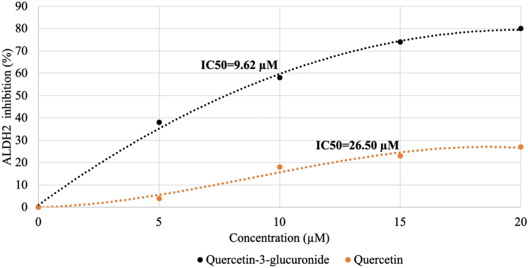 不同浓度槲皮素-3-葡萄糖醛酸和槲皮素对 ALDH2的抑制作用