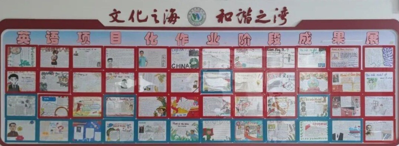 "中国星火·英华闪耀"项目学生成果展示板,展示了学生们创作的英语百科条目和主题海报