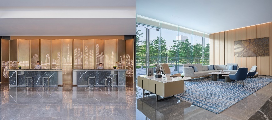 从左至右：广交会万怡酒店大堂、大堂休息区