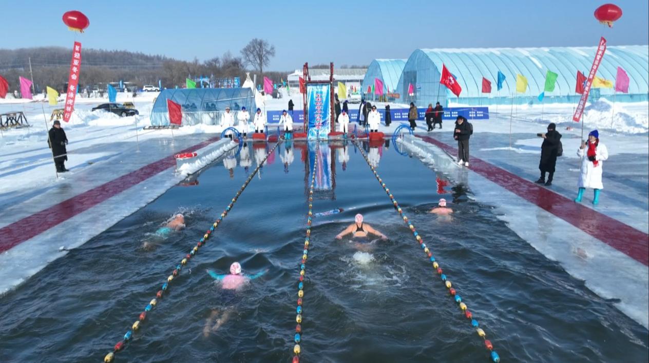 （虎林市虎头镇南岛湖全国极寒冬泳段位赛现场）