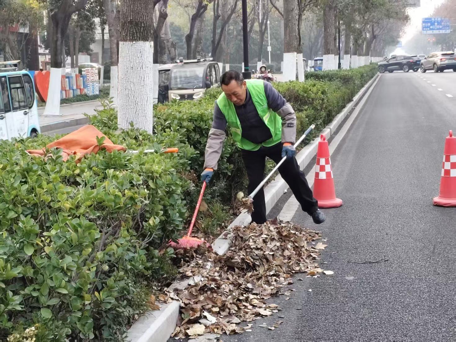 園林工人正在清理綠化帶內的落葉 宋陟睿 攝