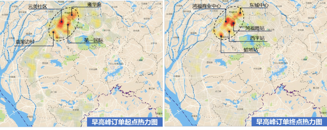 ▲共享单车早高峰订单起终点热力图