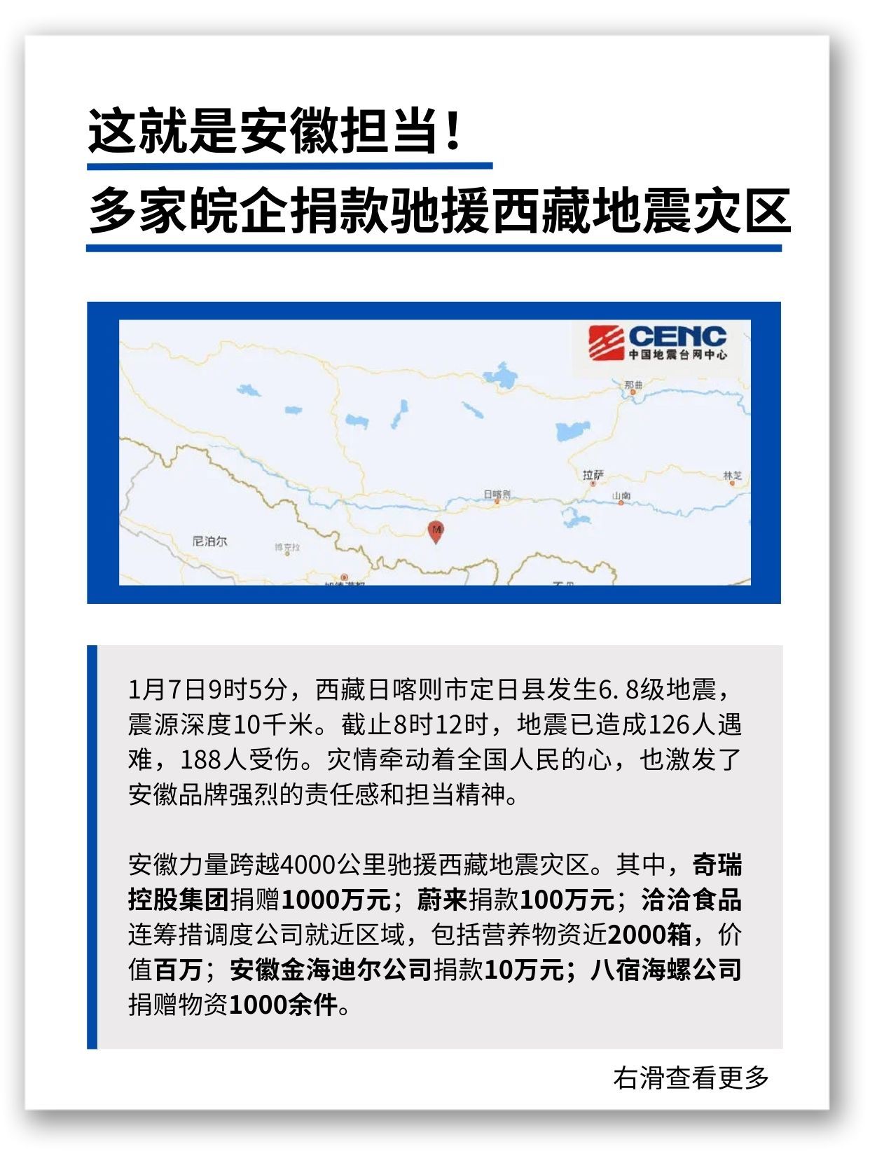 安徽担当，多家皖企捐款驰援西藏地震灾区