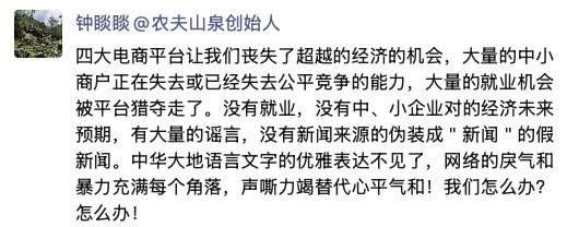 钟睒睒炮轰四大电商平台：让更多的人失业、中小经营户的“周扒皮”