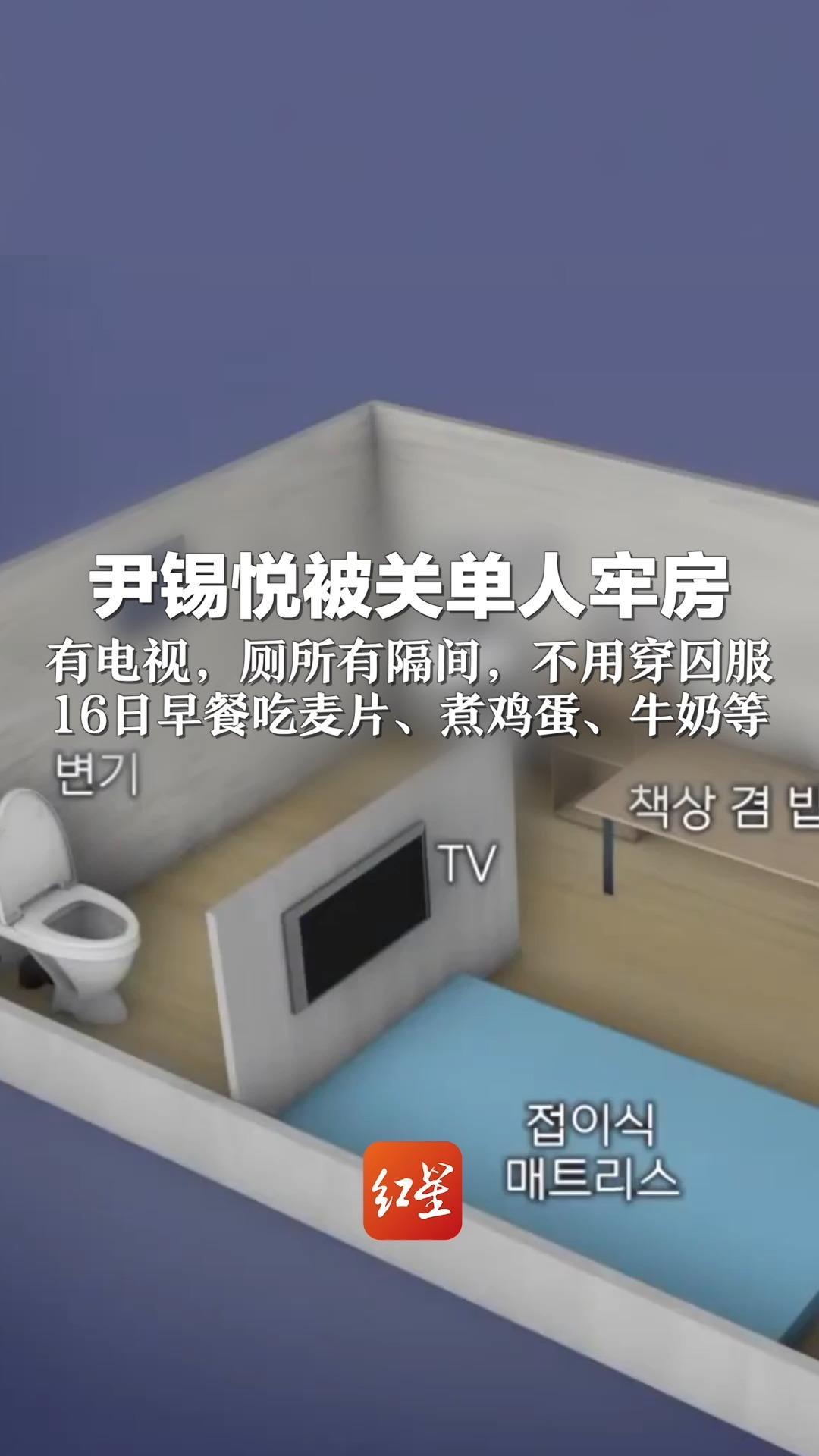 尹锡悦被关单人牢房 有电视，厕所有隔间，不用穿囚服 16日早餐吃麦片、煮鸡蛋、牛奶等
