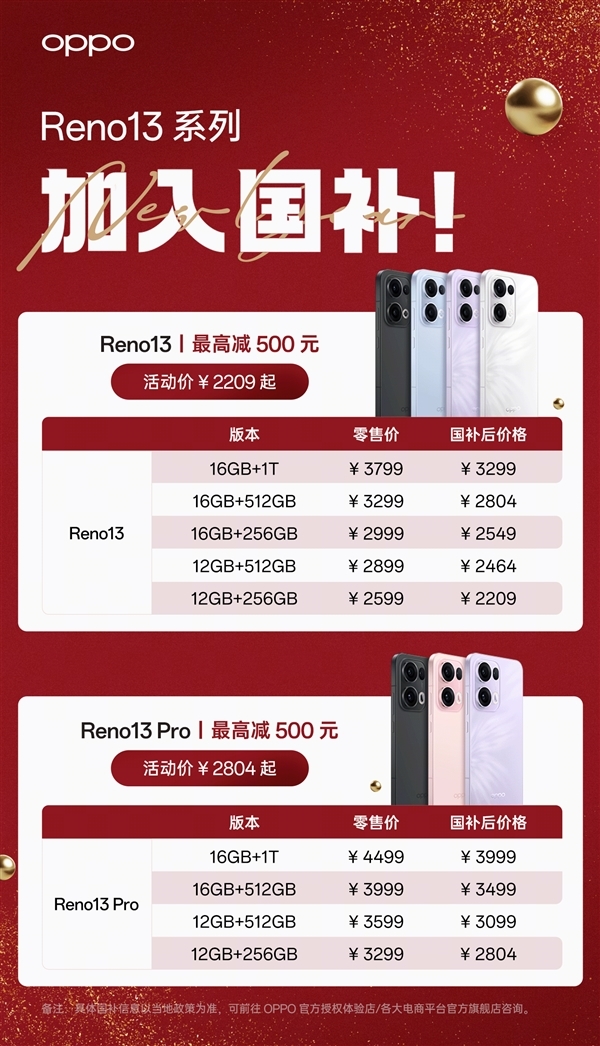 iPhone同款冷雕玻璃机身 OPPO Reno13系列加入国补：低至2209元