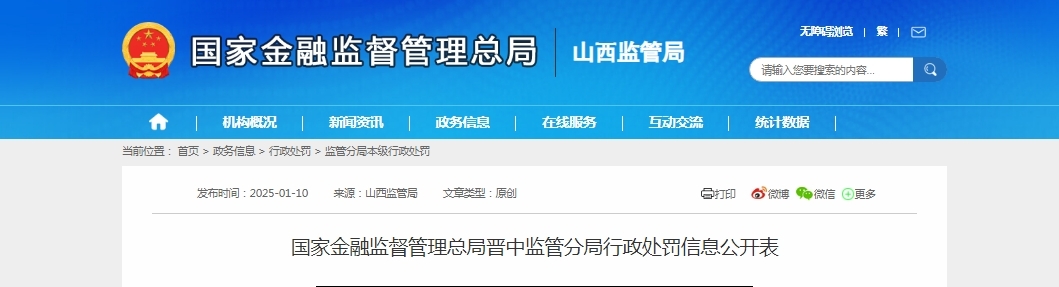 建行山西晋中分行被罚40万元 多人被警告