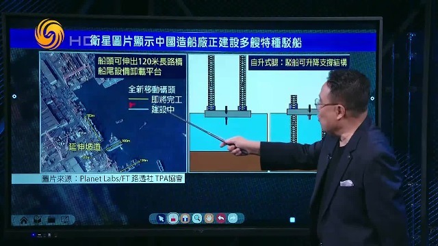 中国造船厂正建设多艘特种驳船，船头可伸出120米长路桥，船尾设卸载平台