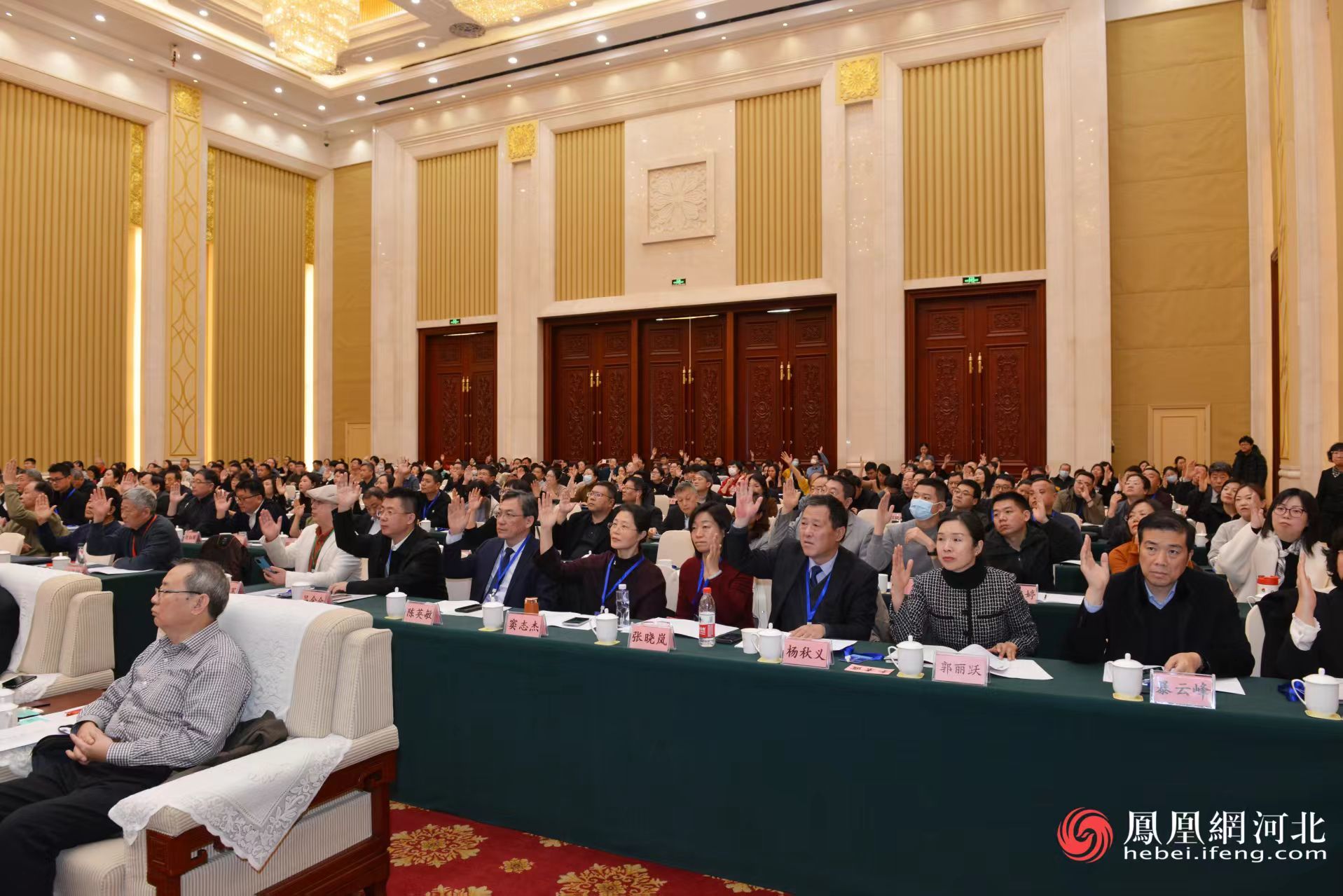 会议现场举手表决场景