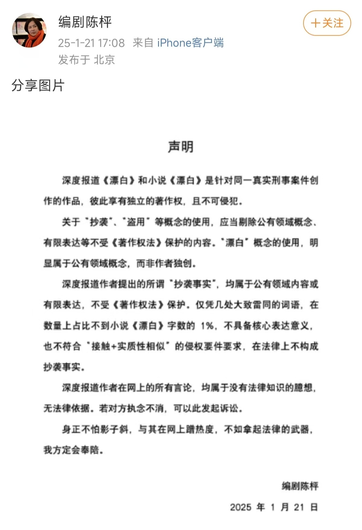 编剧陈枰再次否认爱奇艺《漂白》抄袭:根据一手采访资料编写,与深度报道并不冲突!