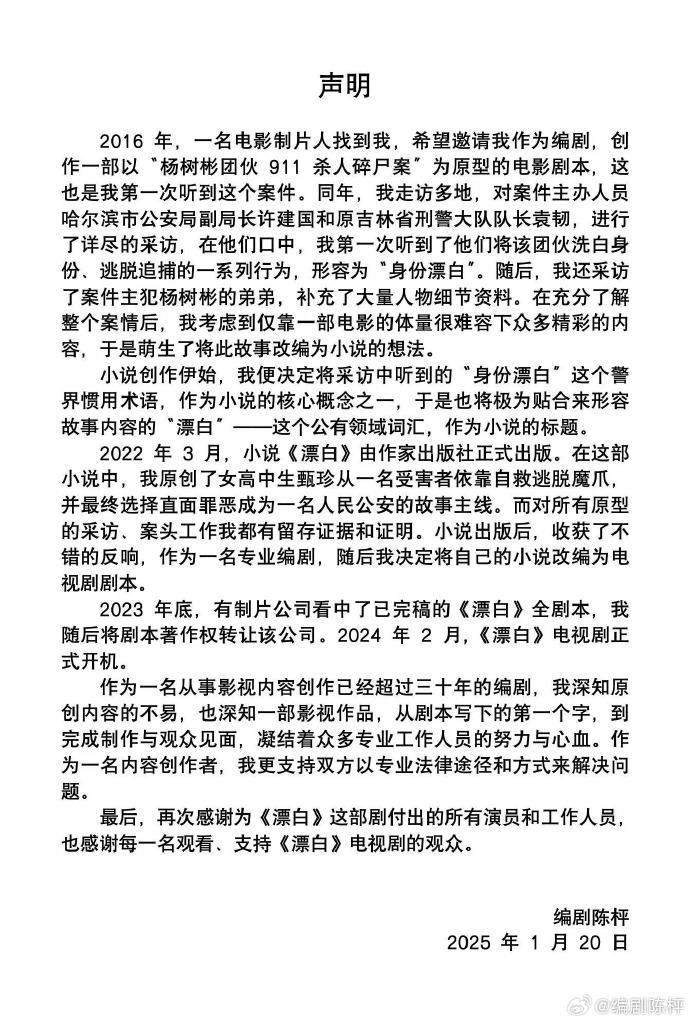《漂白》编剧否认抄袭：剧本从小说改编而来，对采访都有留存证据